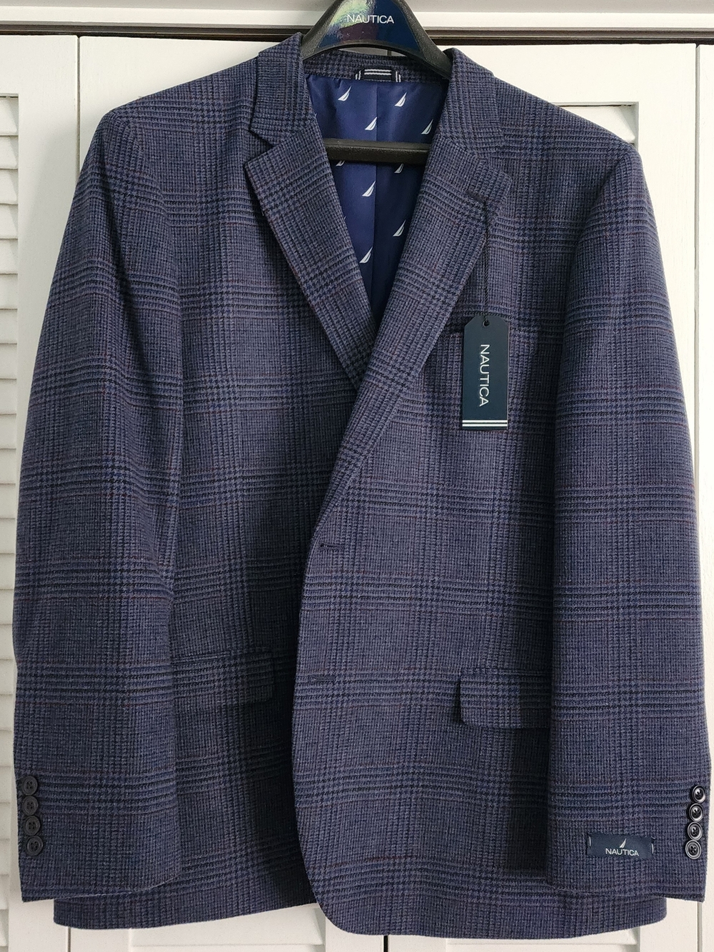 Nautica Men's Navy Plaid Sport Coat with Subtle Check